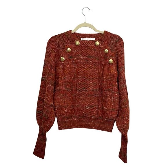 $550 Veronica Beard Adelaida Gold Button Orange Rust Balloon Sleeve sweater - Picture 9 of 12